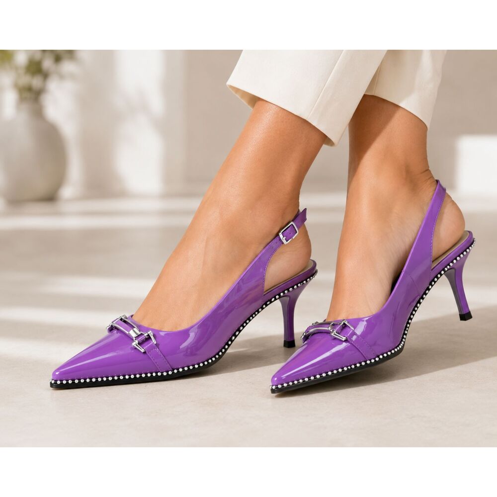Purple Vegan Patent Leather Pointed-Toe Slingback Kitten Heel Shoes Silver 7